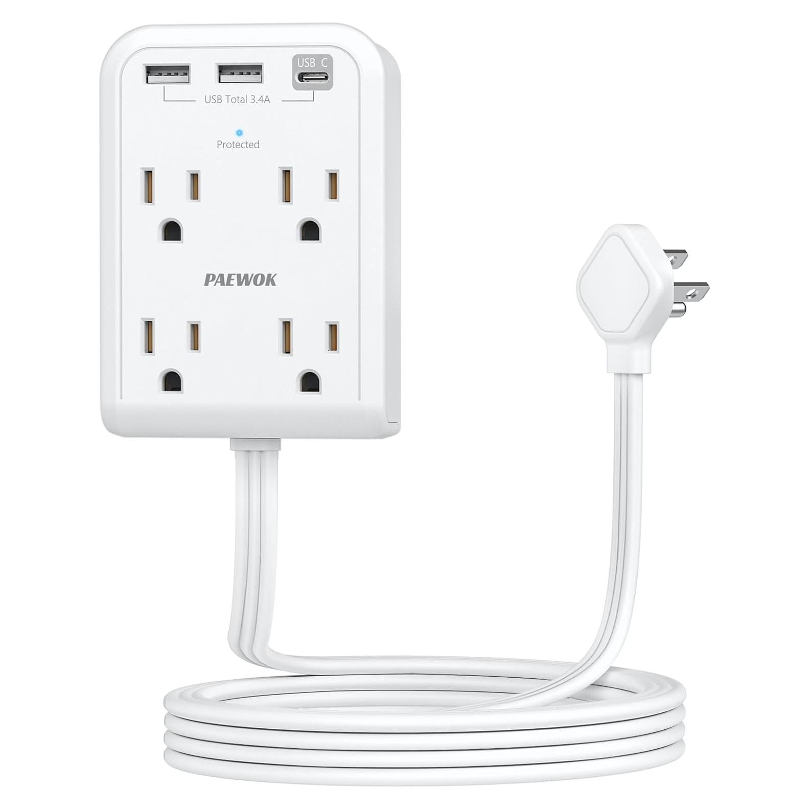 Extensor de Enchufe Eléctrico PAEWOK 4 Salidas 3 USB Blanco