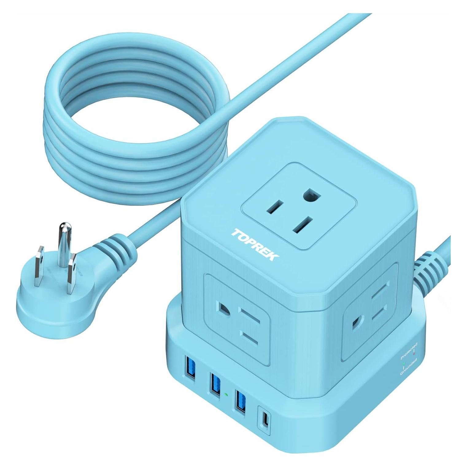 Regleta USB-C y USB-A TOPREK 5 Salidas AC 3.05m Azul
