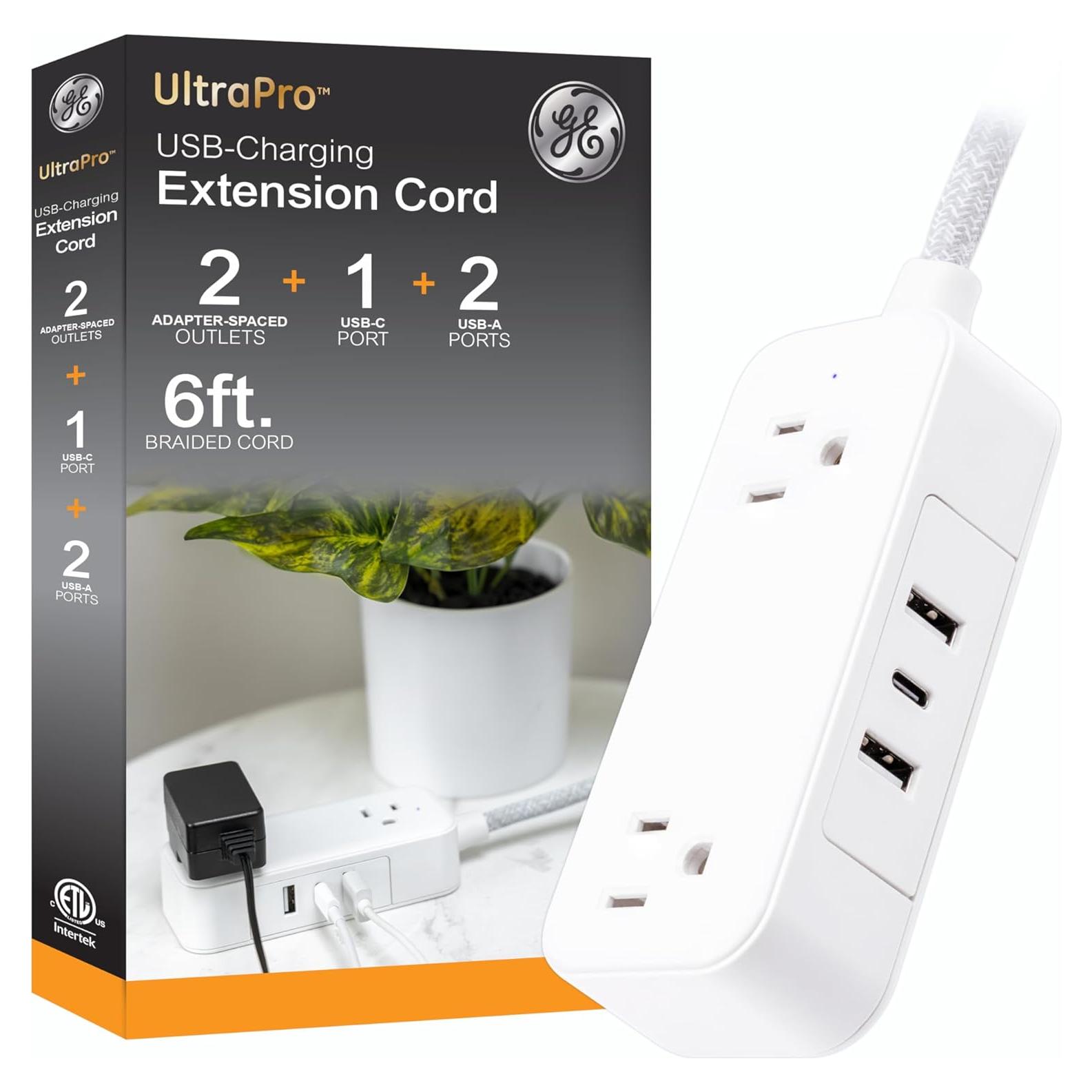 Toma de Corriente Plana GE 6ft con 2 USB-A y 1 USB-C