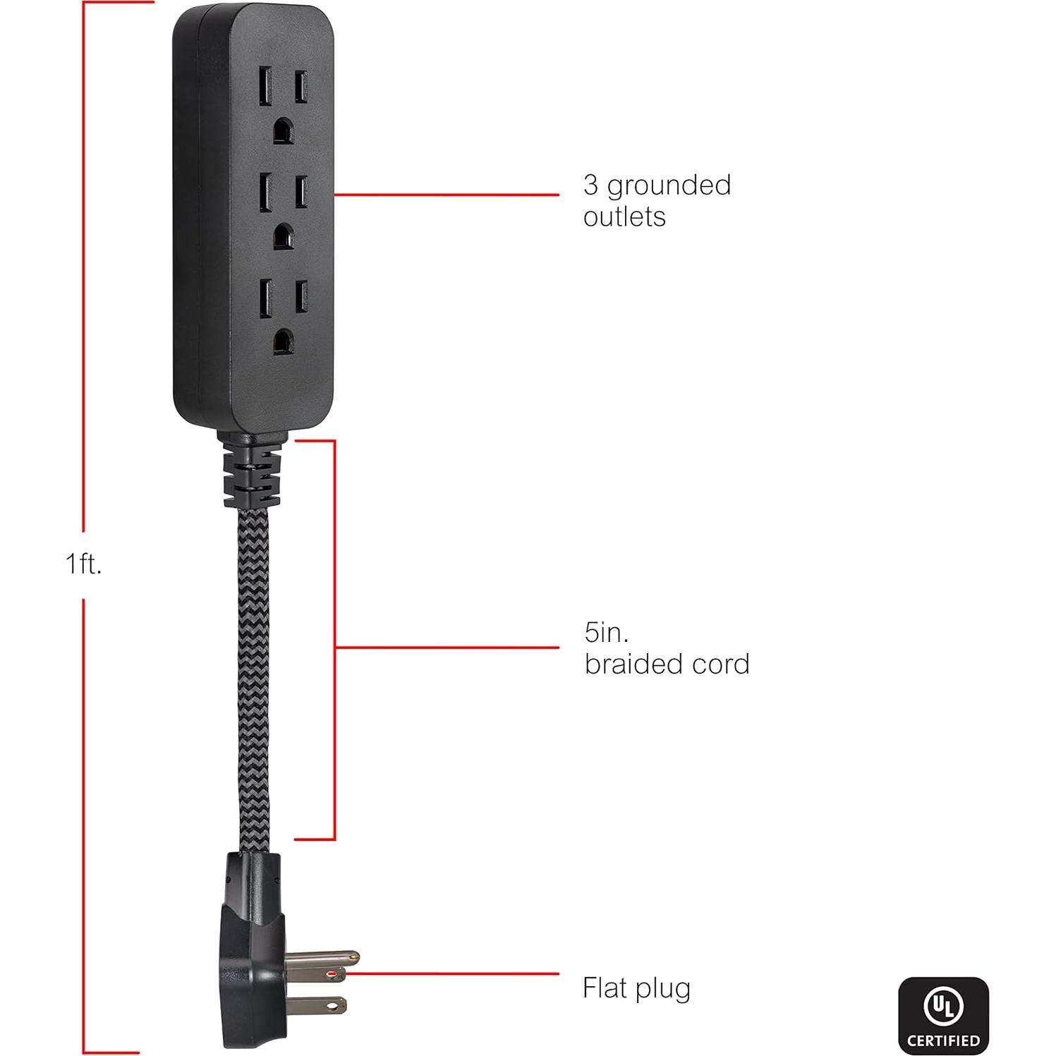 Regleta GE de 3 Salidas con Cable Trenzado de 15.24 cm Negro