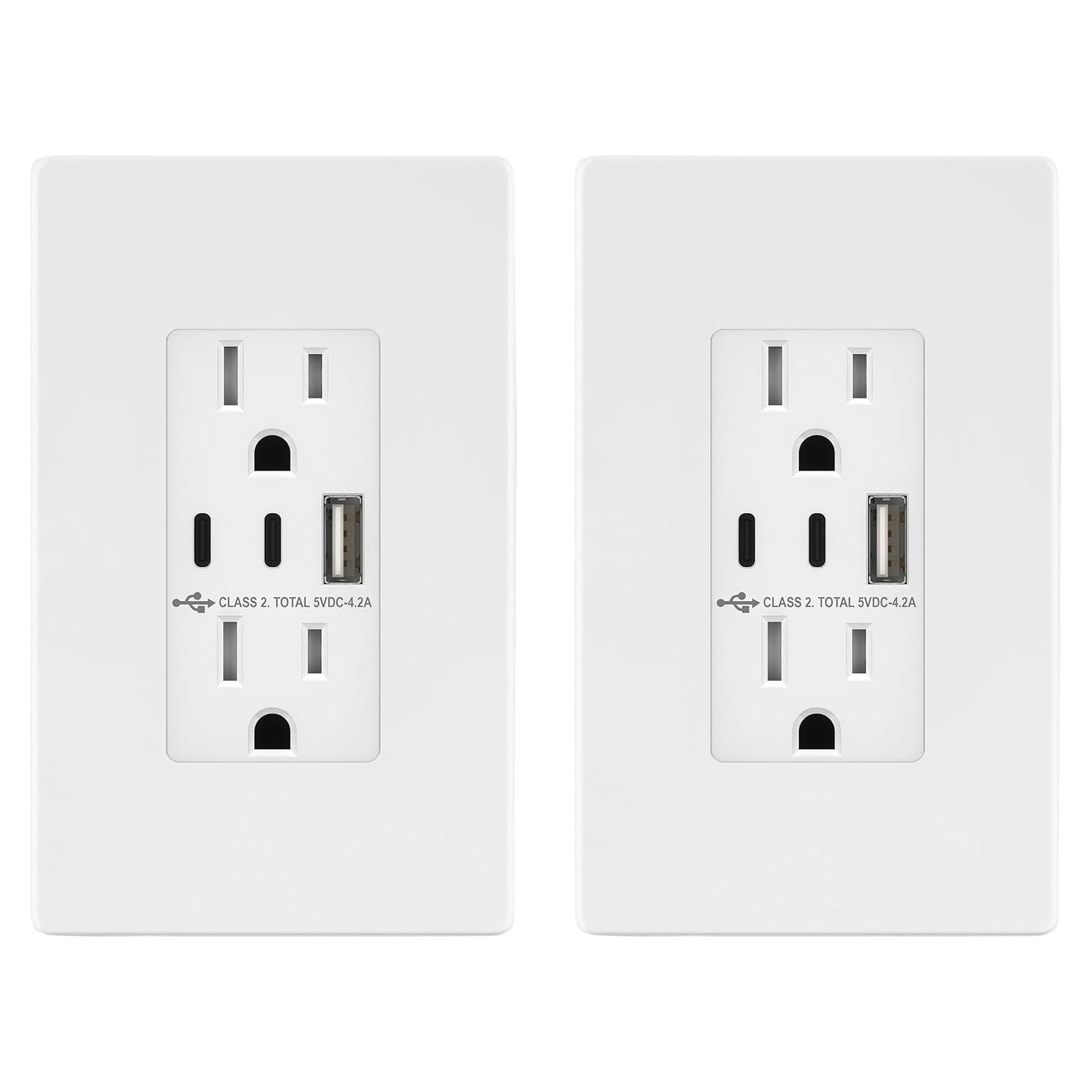 Enchufe USB TOPGREENER 15A 4.2A 3 Puertos Tipo C y A Blanco 2 Pzs