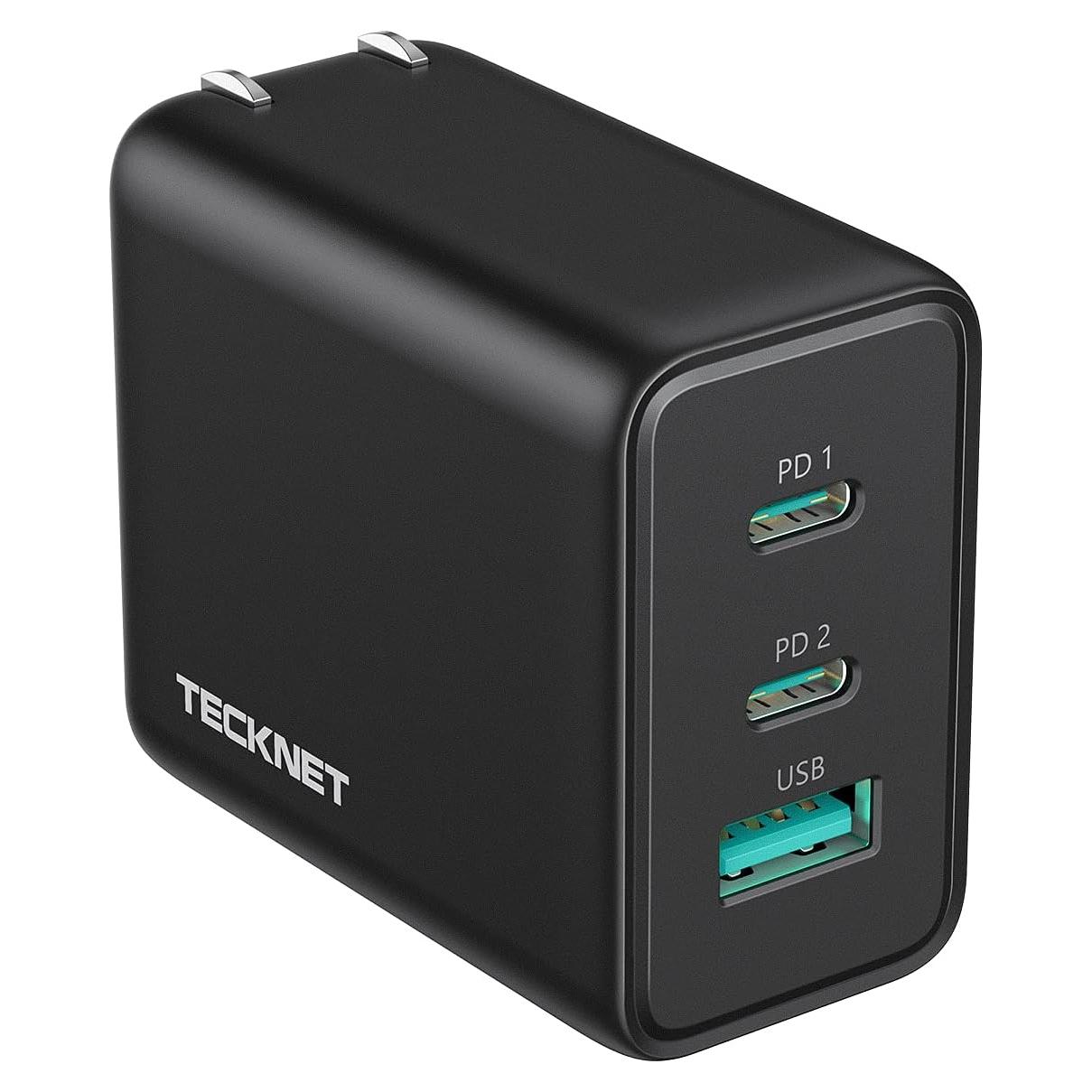 Cargador Rápido TECKNET USB C 65W PD 3.0 3 Puertos Negro