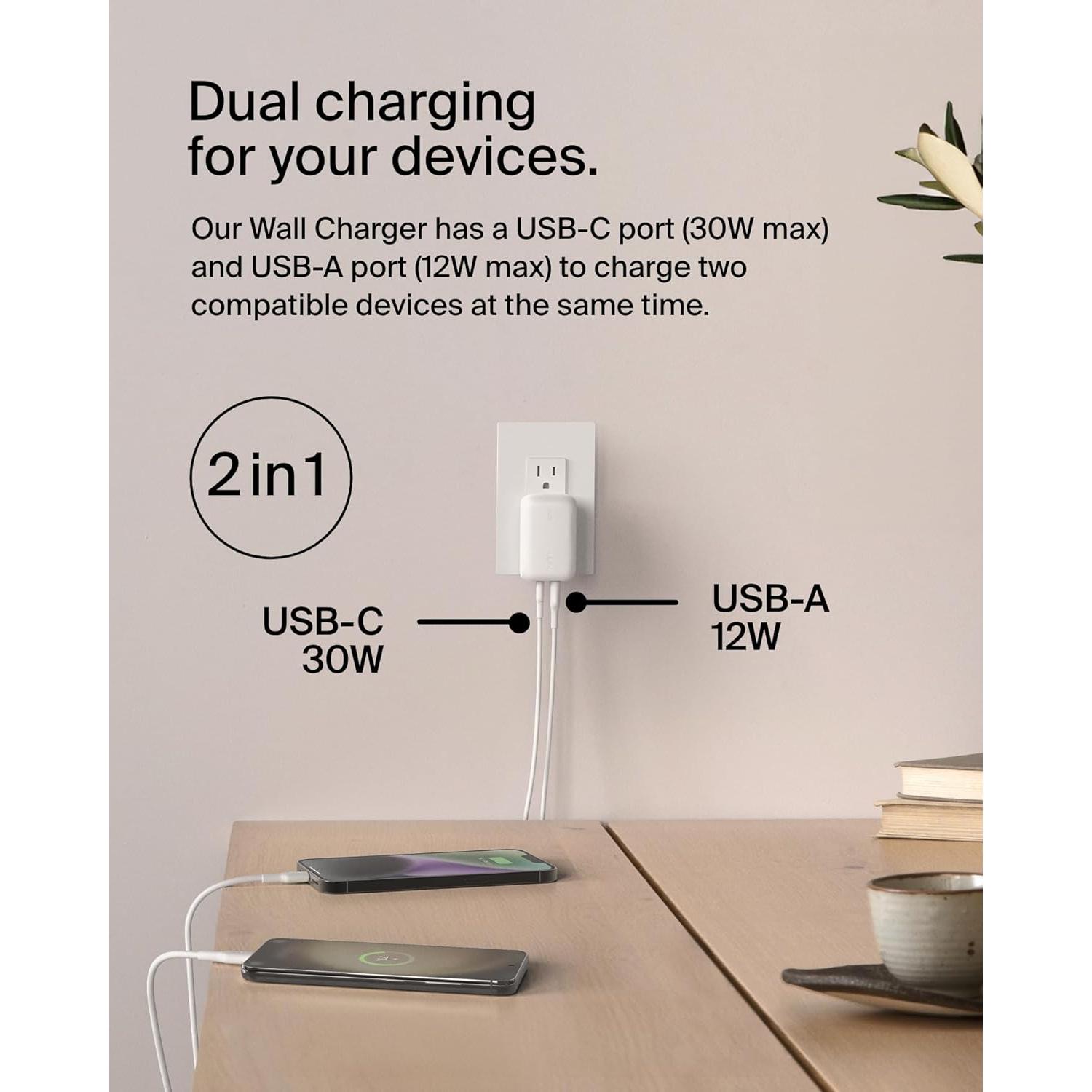 Cargador Doble USB-C 42W Belkin - Carga Rápida para iPhone y Galaxy