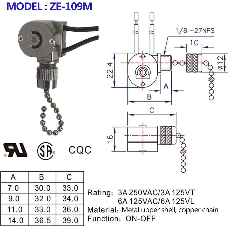 Interruptor de Luz de Ventilador de Techo ZE-109M 2 Cables Metal