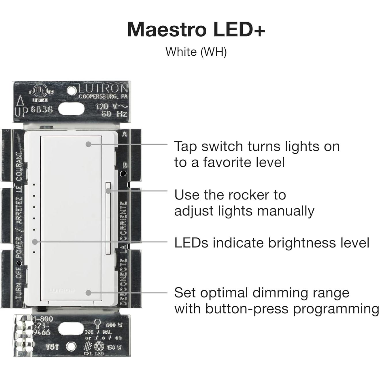 Interruptor Regulador Lutron Maestro LED+ 150W Blanco