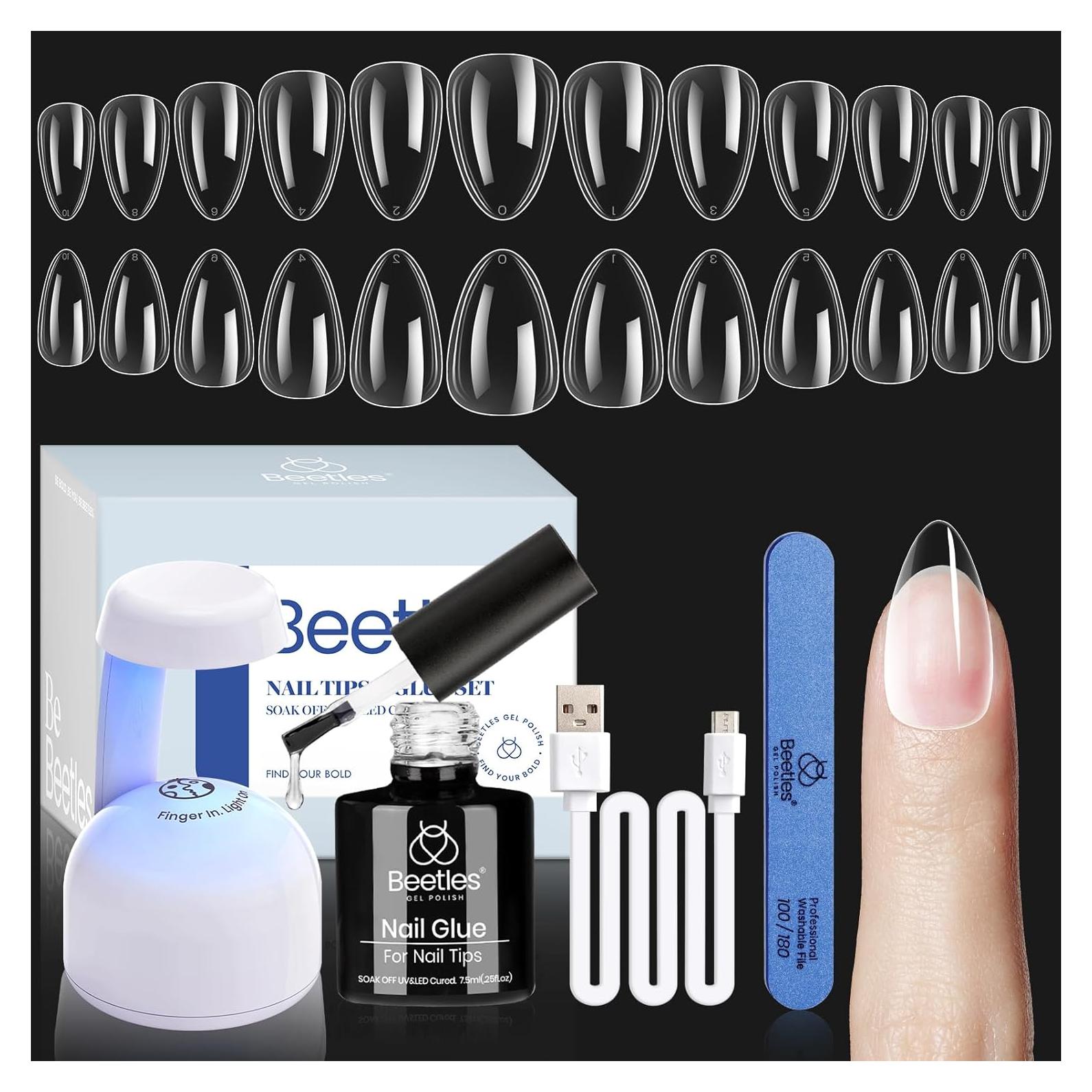 Kit de Uñas de Gel Beetles 240 Pcs Almendra Corto con Lámpara UV