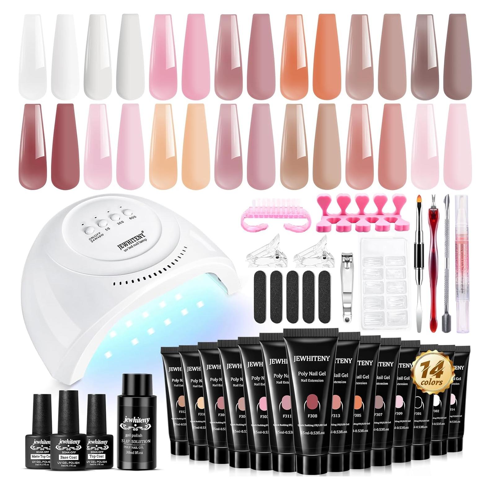 Kit de Uñas de Gel Polimérico JEWHITENY 14 Colores con Lámpara UV