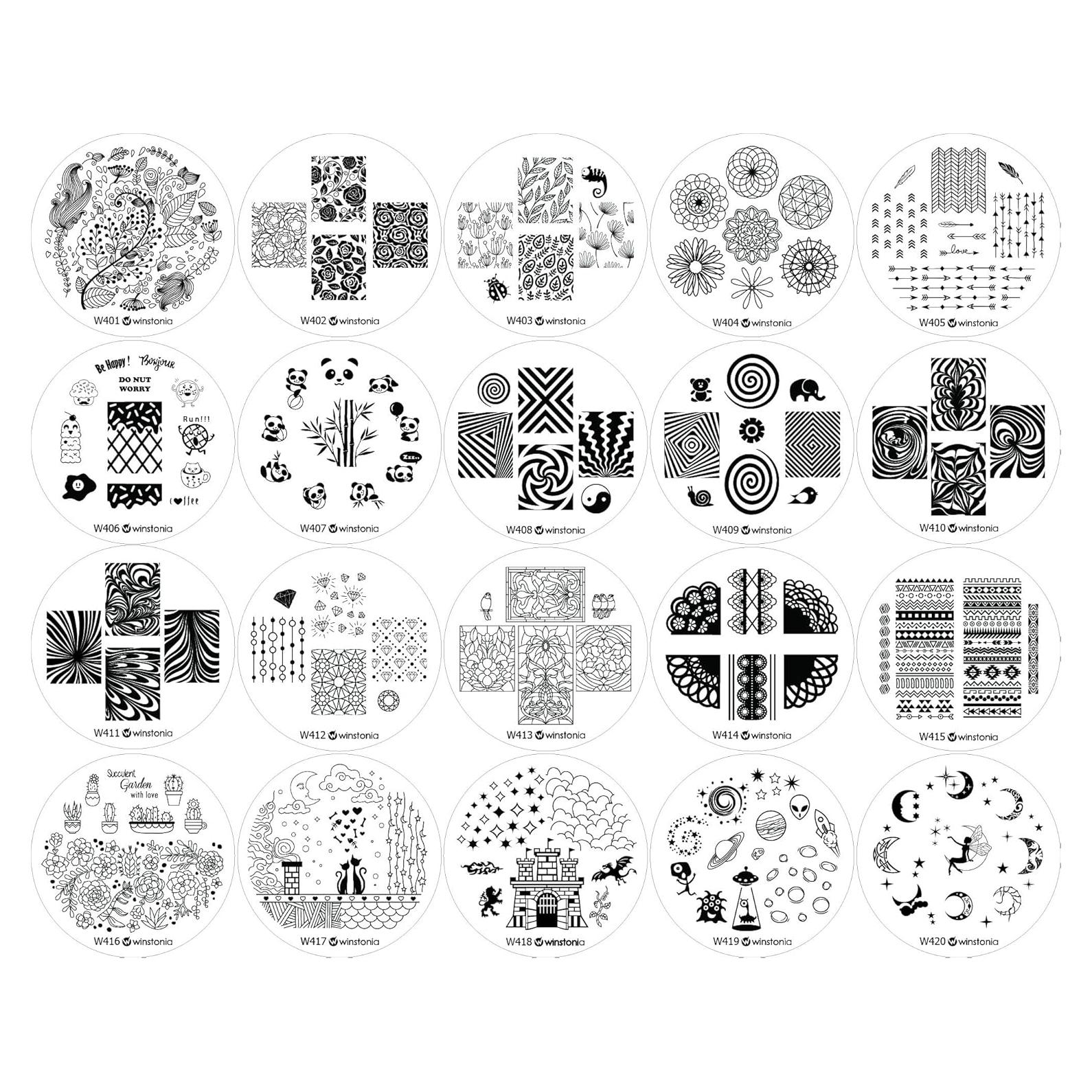 Juego de 20 Placas de Estampado para Uñas Winstonia - Diseño Floral, Marmoleado y Más