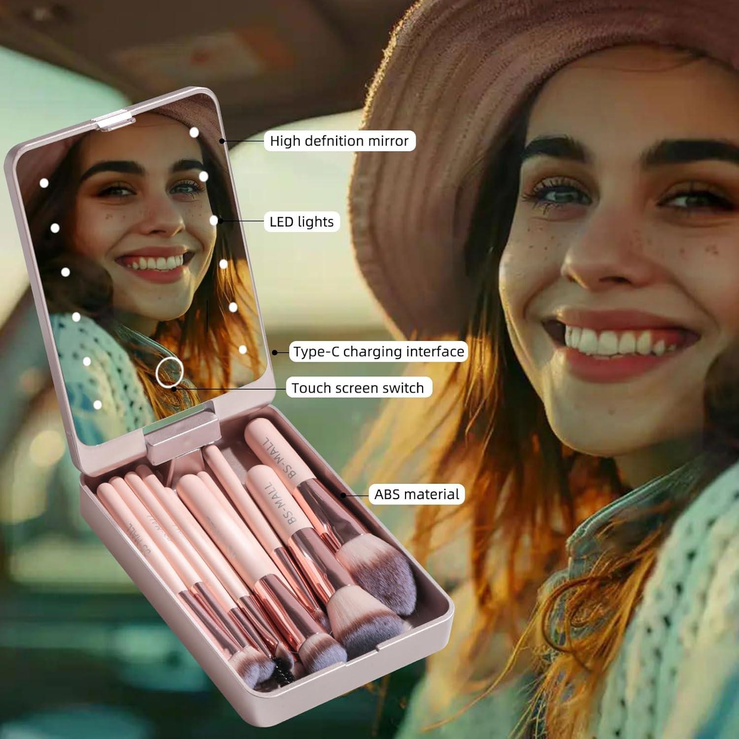 Juego de Brochas de Maquillaje BS-MALL con Espejo LED 14 Pcs