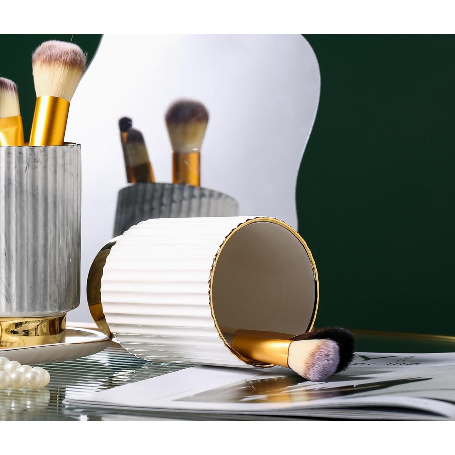 Soporte para Brochas de Maquillaje IEEK Cerámica Blanca y Dorada