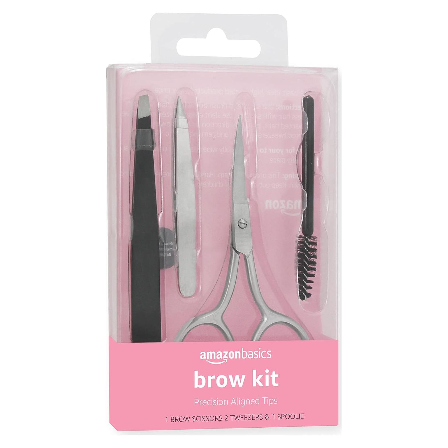 Kit de Cejas 4 Piezas Amazon Basics - Pinzas, Tijeras, Cepillo