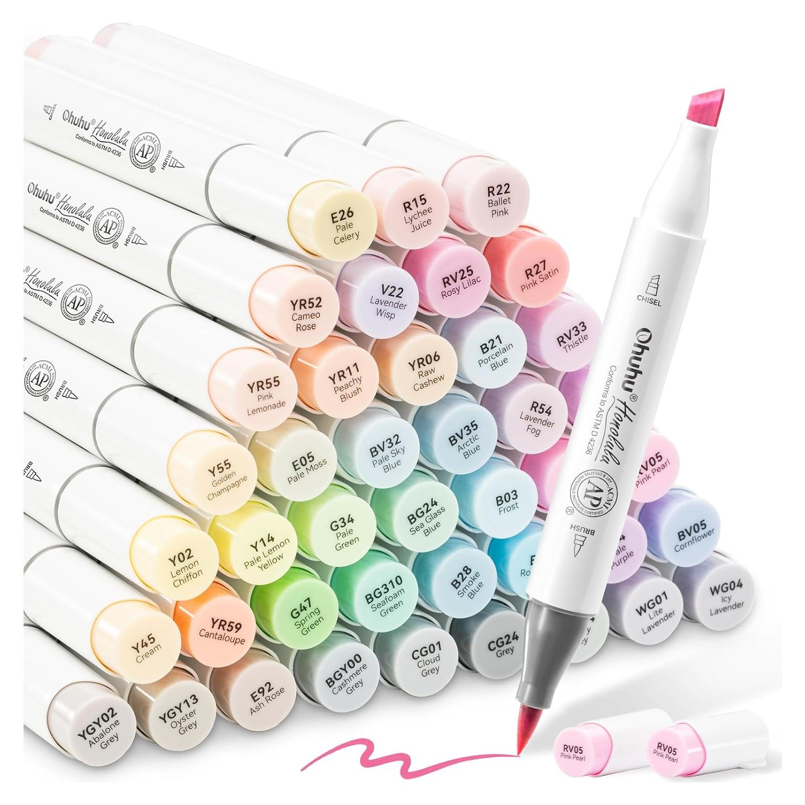 Marcadores Pastel Ohuhu 48 Colores Doble Punta Pincel y Cincel