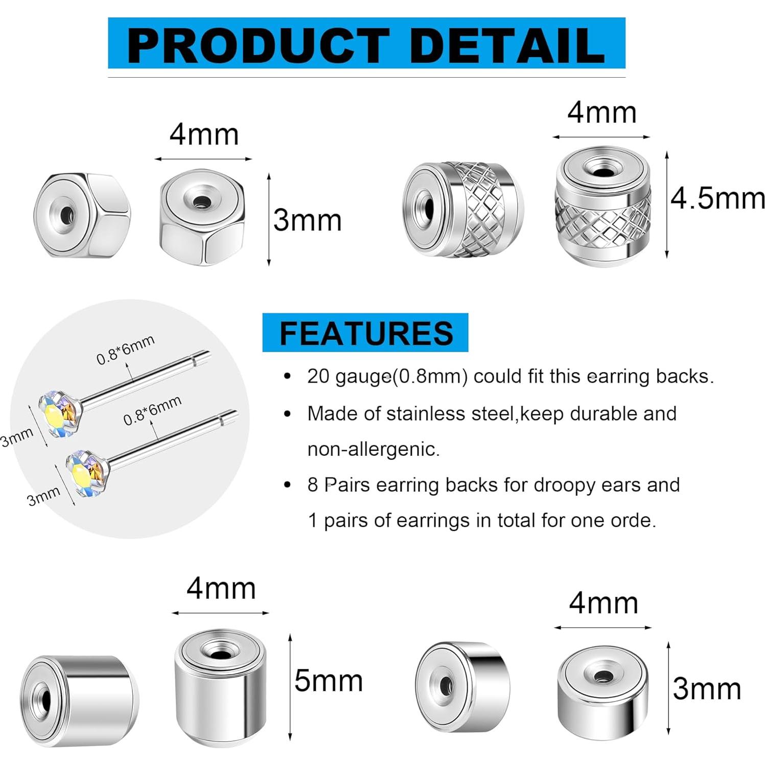 Respaldos de Aretes AOEDEJ de Acero Inoxidable Plata - 8 Pares