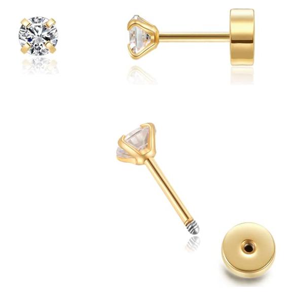 Pendientes de Stud CZ 2mm Oro 14K para Cartílago y Tragus