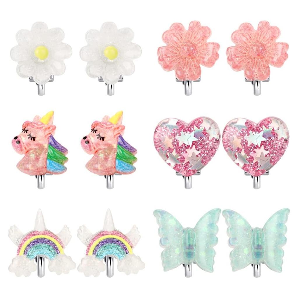 6 Pares Pendientes de Clip Huitong para Niñas - Unicornio y Mariposa