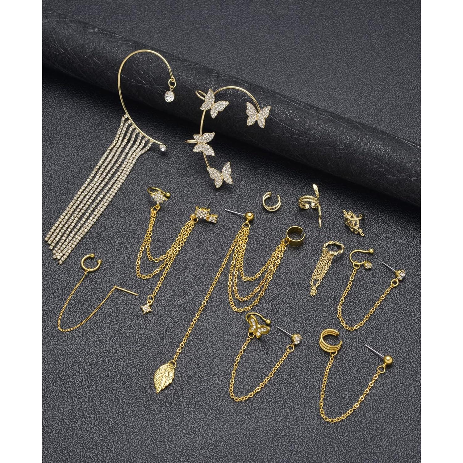 Aretes Cuff Tornito 17Pcs Cadena Serpiente Mariposa Hoja