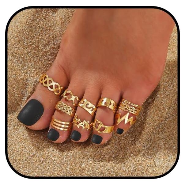 Conjunto 10 Anillos de Dedo Dorados Ajustables para Mujeres