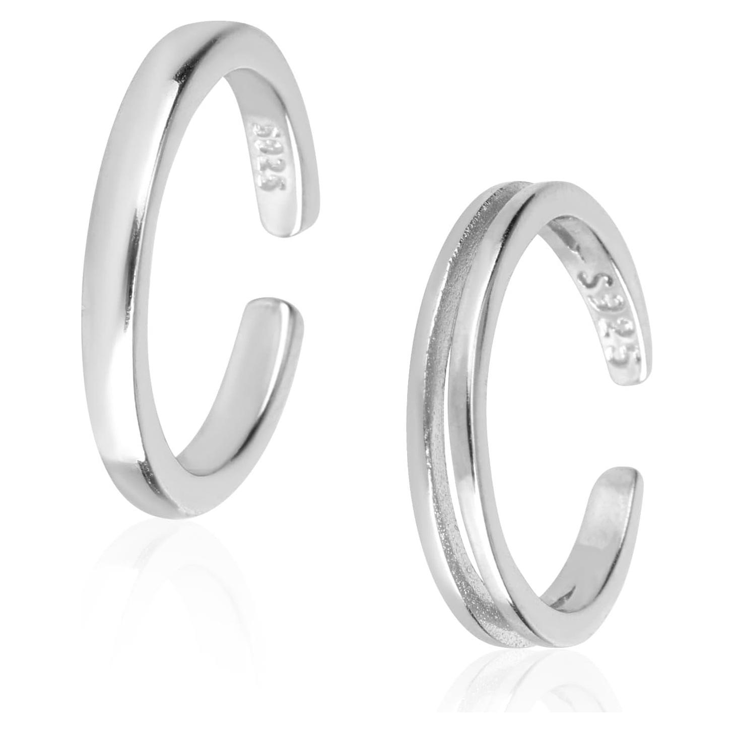 2 Anillos Abiertos de Plata de Ley Ajustables para Dedo del Pie