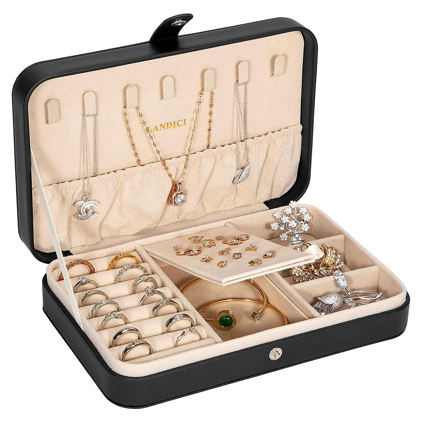 Caja de Joyería Pequeña LANDICI Negra, Organizador de Viaje 21x14 cm