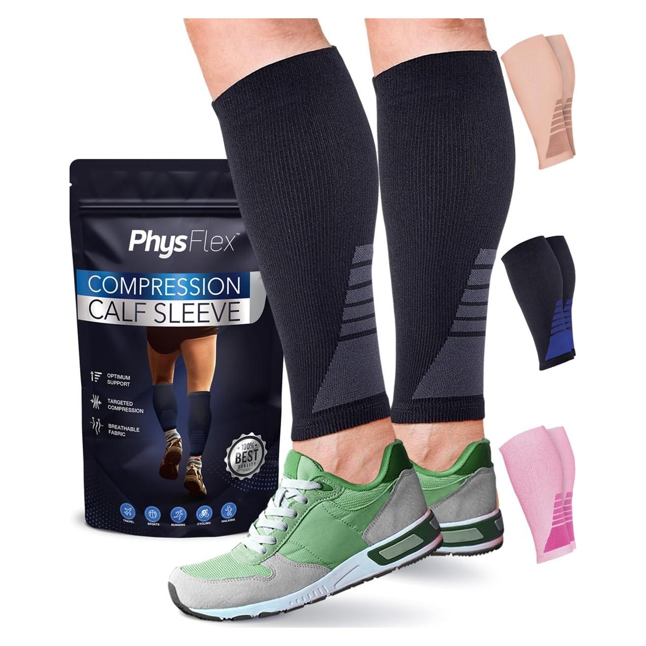 Manguitos de Compresión PhysFlex para Pantorrillas - Negro Mediano