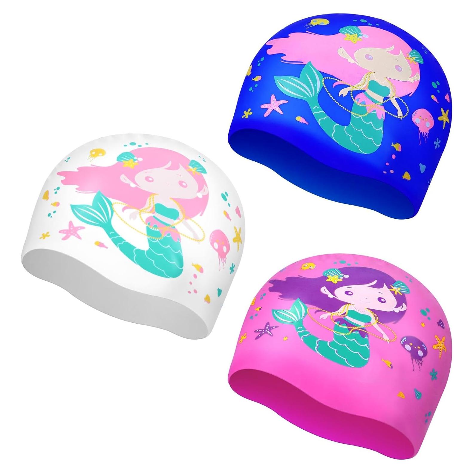 3 Gorras de Natación para Niños Fourluoo Sirena 2-12 Años
