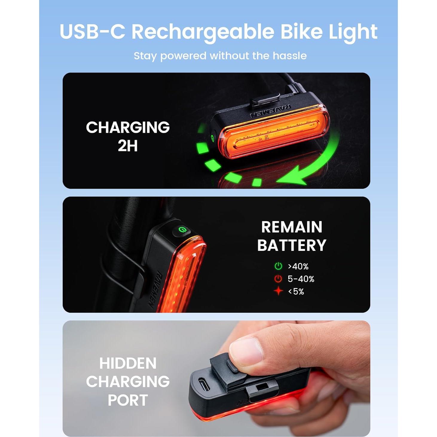 Luz Trasera para Bicicleta RAVEMEN TR30 Recargable USB-C