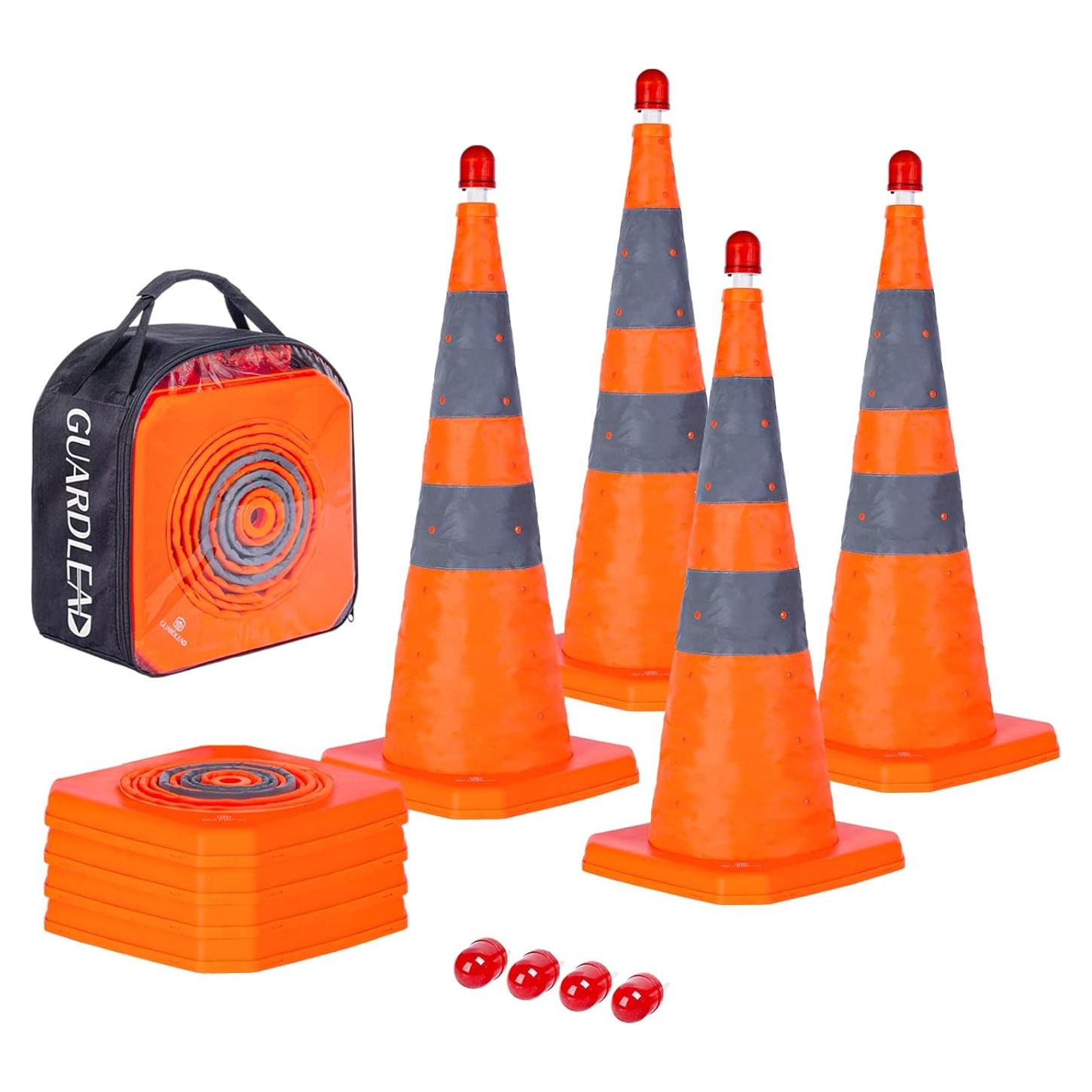 Conos de Tráfico Colapsables GUARDLEAD 28" con Luz LED - Paquete de 4
