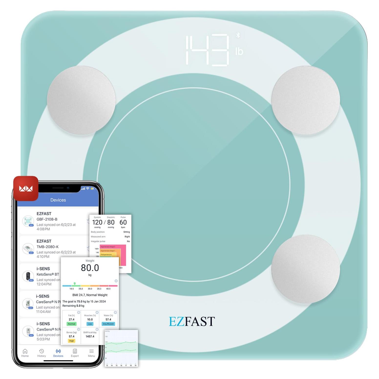Monitor de Escala de Grasa Corporal Bluetooth EZFAST - Métricas Completas