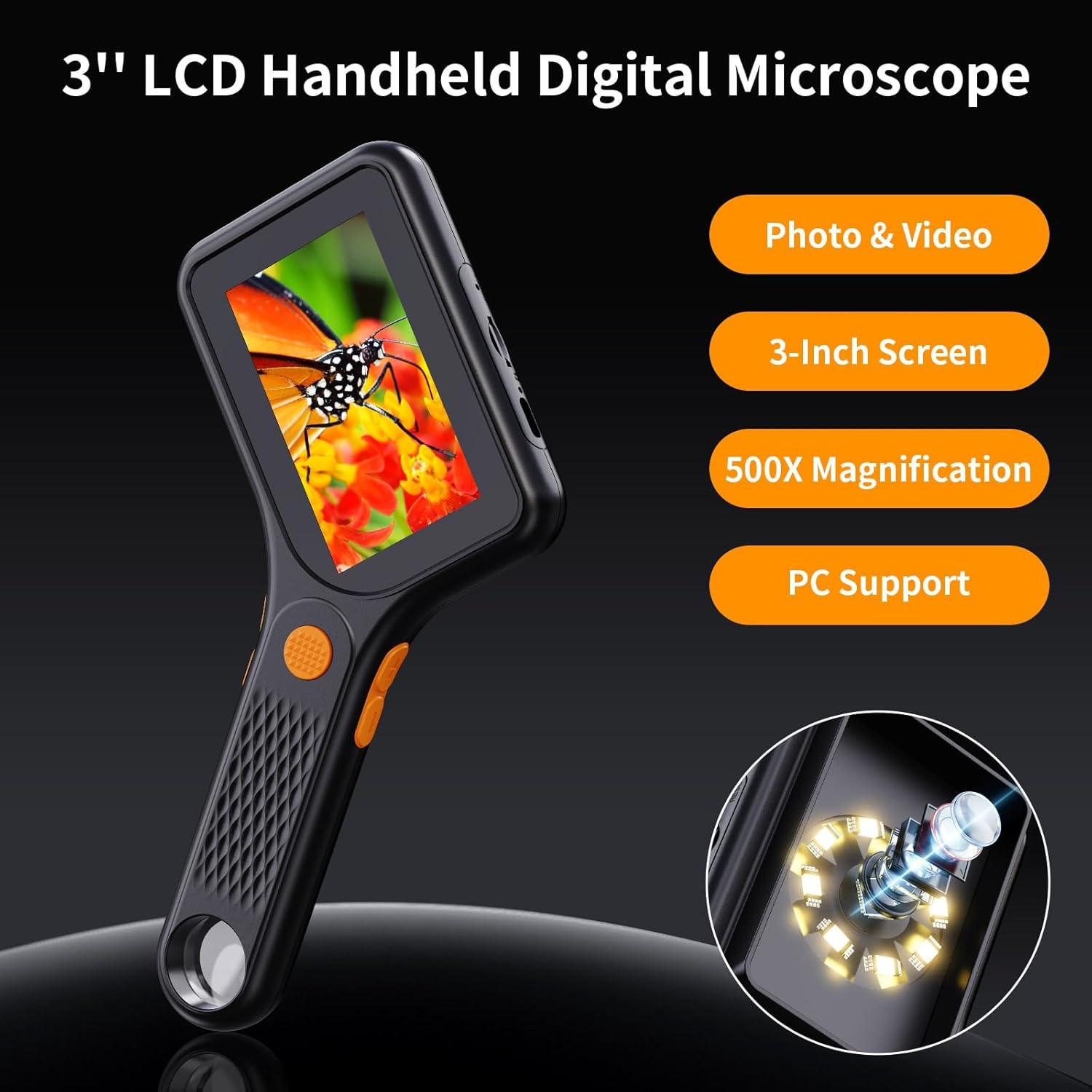 Microscopio Digital USB Ashfly 500X con Pantalla 3" y LED