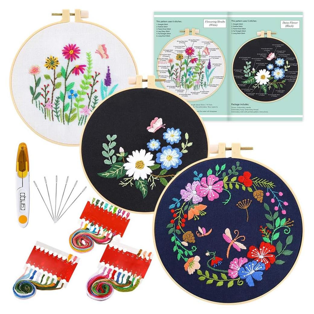 Kit de Punto de Cruz Caydo para Principiantes - 3 Patrones Florales