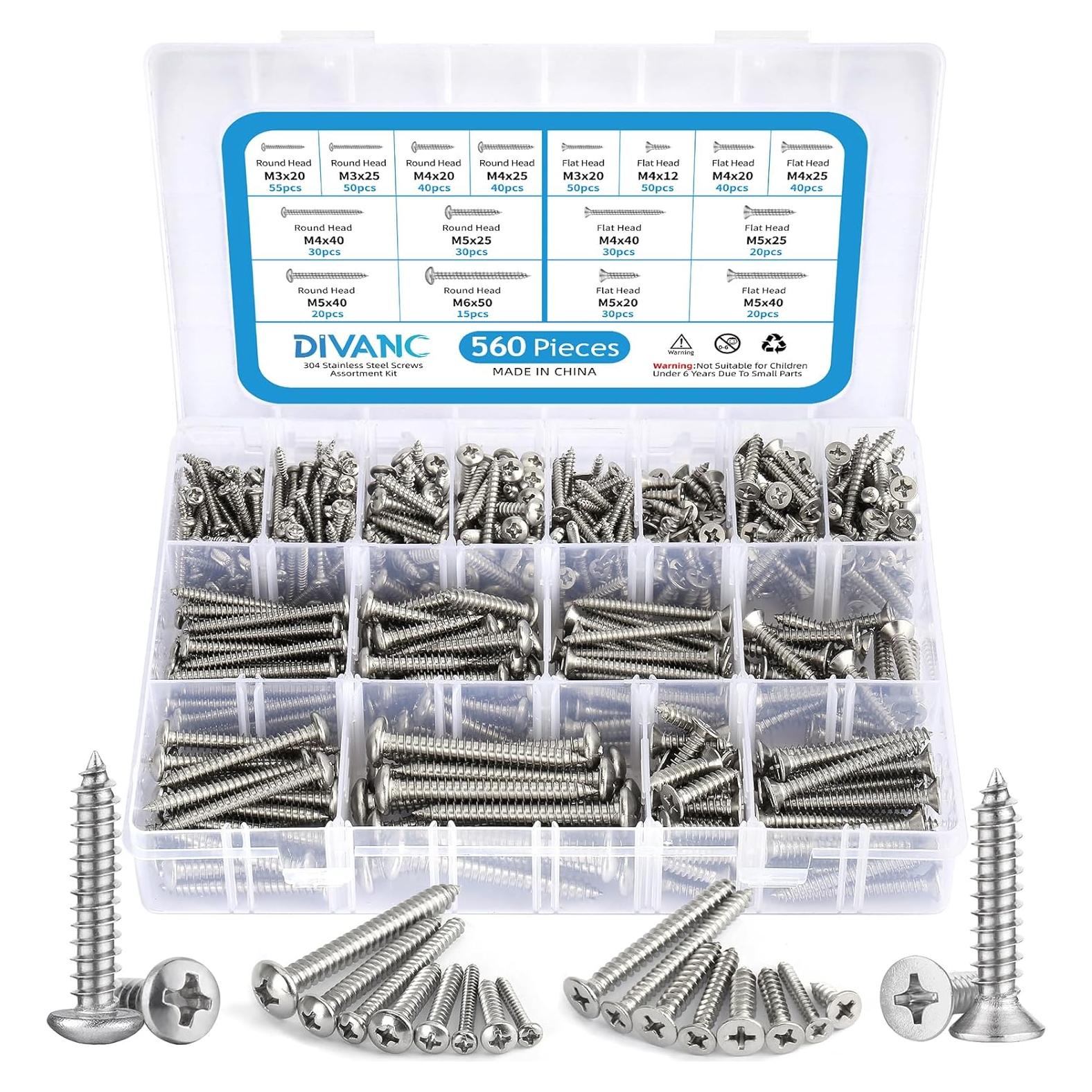 560 Tornillos Autoperforantes de Acero Inoxidable DIVANC M3-M6