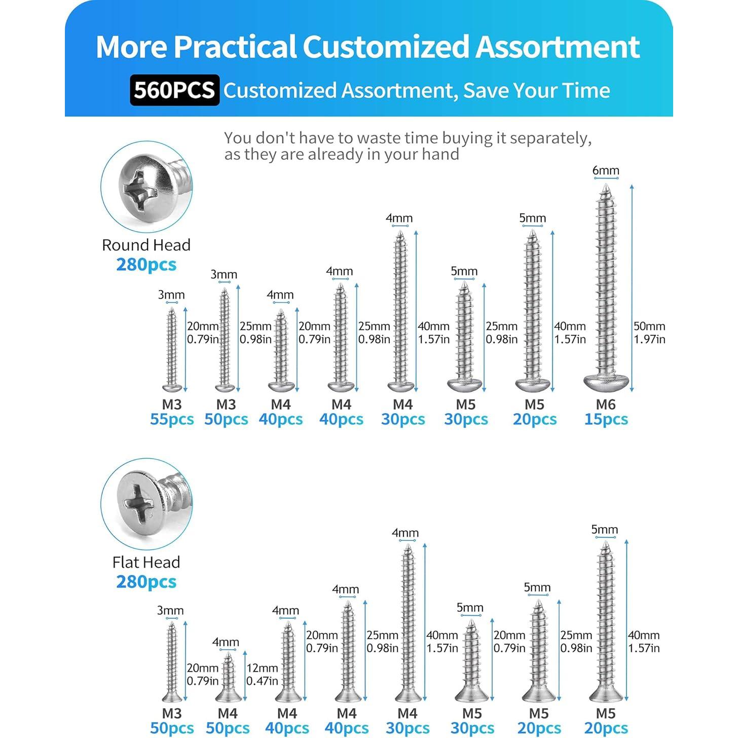 560 Tornillos Autoperforantes de Acero Inoxidable DIVANC M3-M6