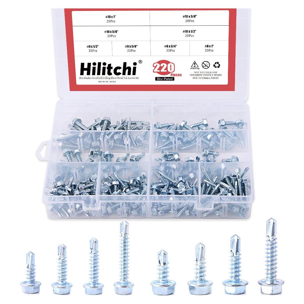 Kit de Tornillos Autoperforantes Hilitchi 220 Piezas Cabeza Hexagonal