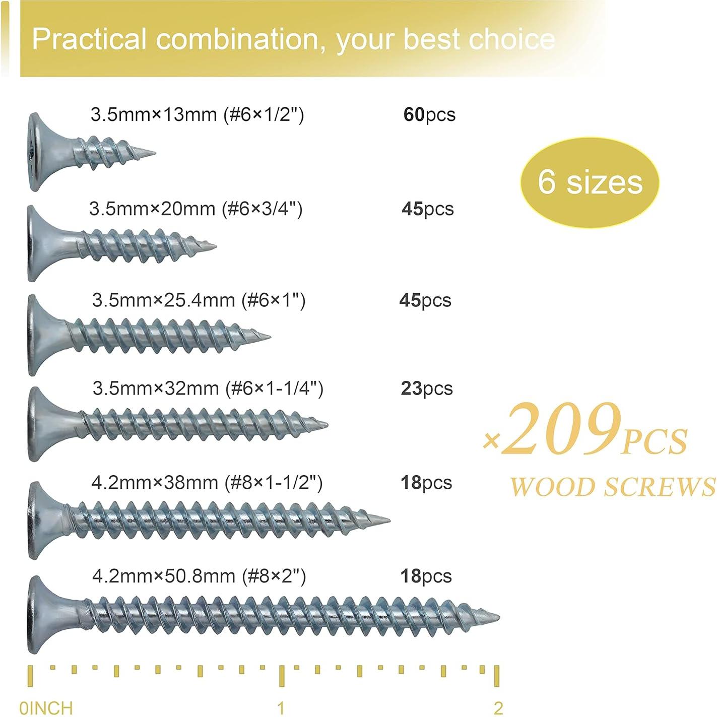 Kit de Tornillos de Madera JEGONFRI 209 Pcs Phillips 6 Tamaños