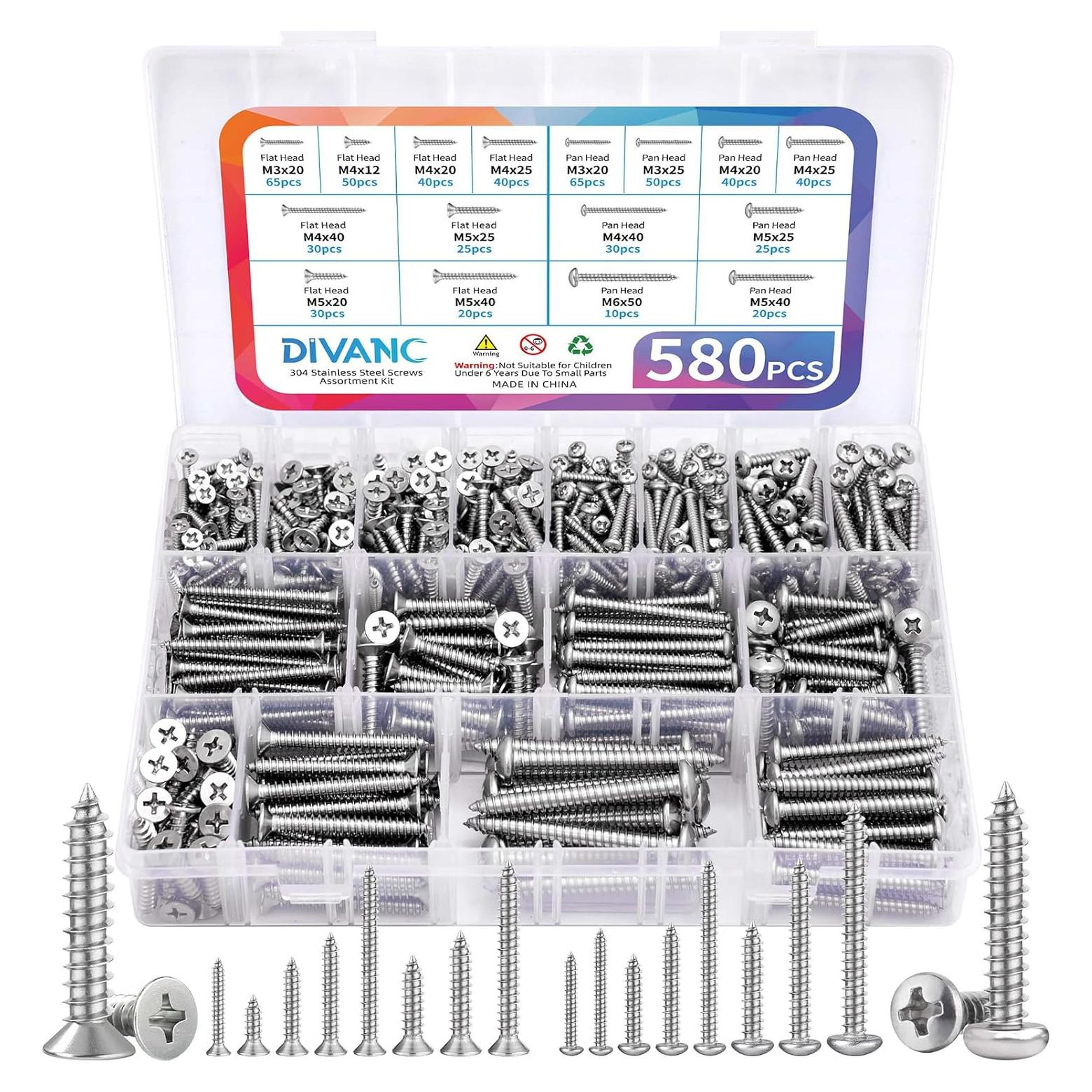 Conjunto de Tornillos Autorroscantes DIVANC 580 Piezas M3/M4/M5/M6