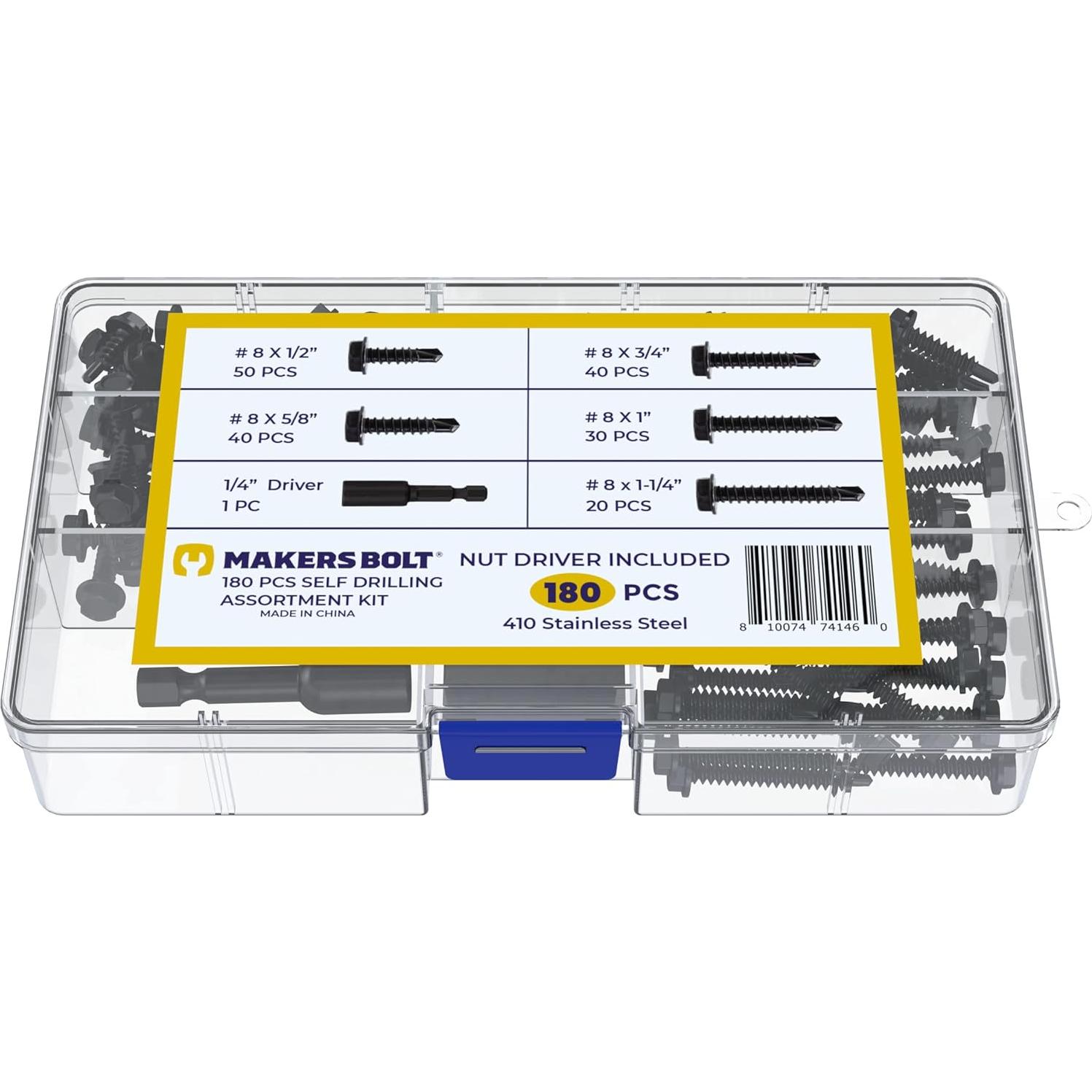 Tornillos autorroscantes #8 MAKERS BOLT 180 pcs acero inoxidable