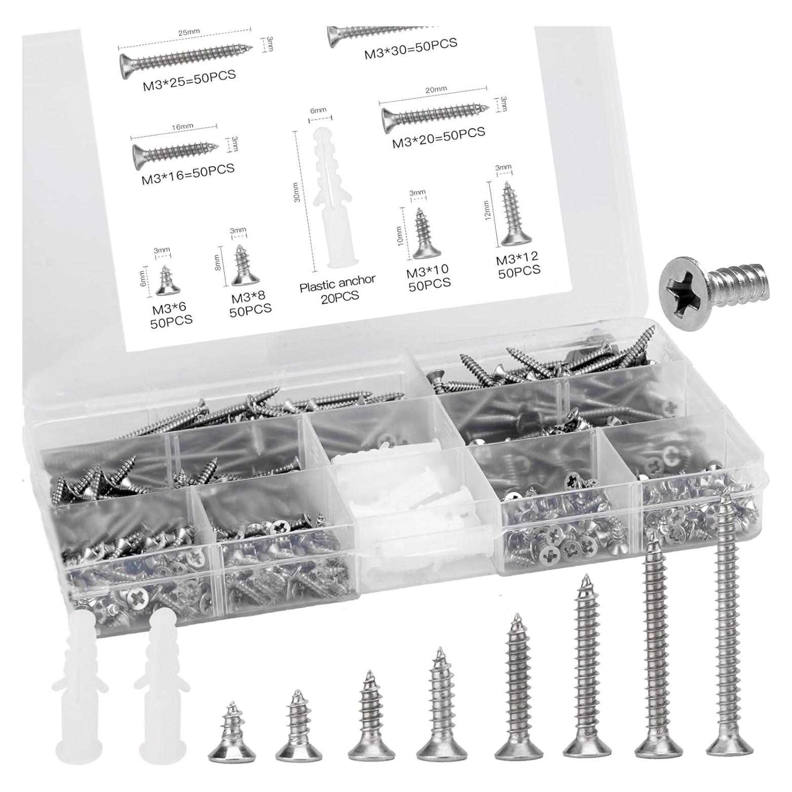 Juego de Tornillos de Cabeza Plana LERNOU 420 Pcs Acero Inoxidable