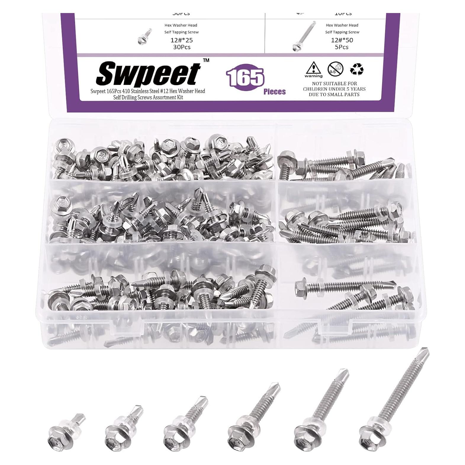 Kit de Tornillos Autoperforantes Swpeet 165Pcs Acero Inoxidable #12