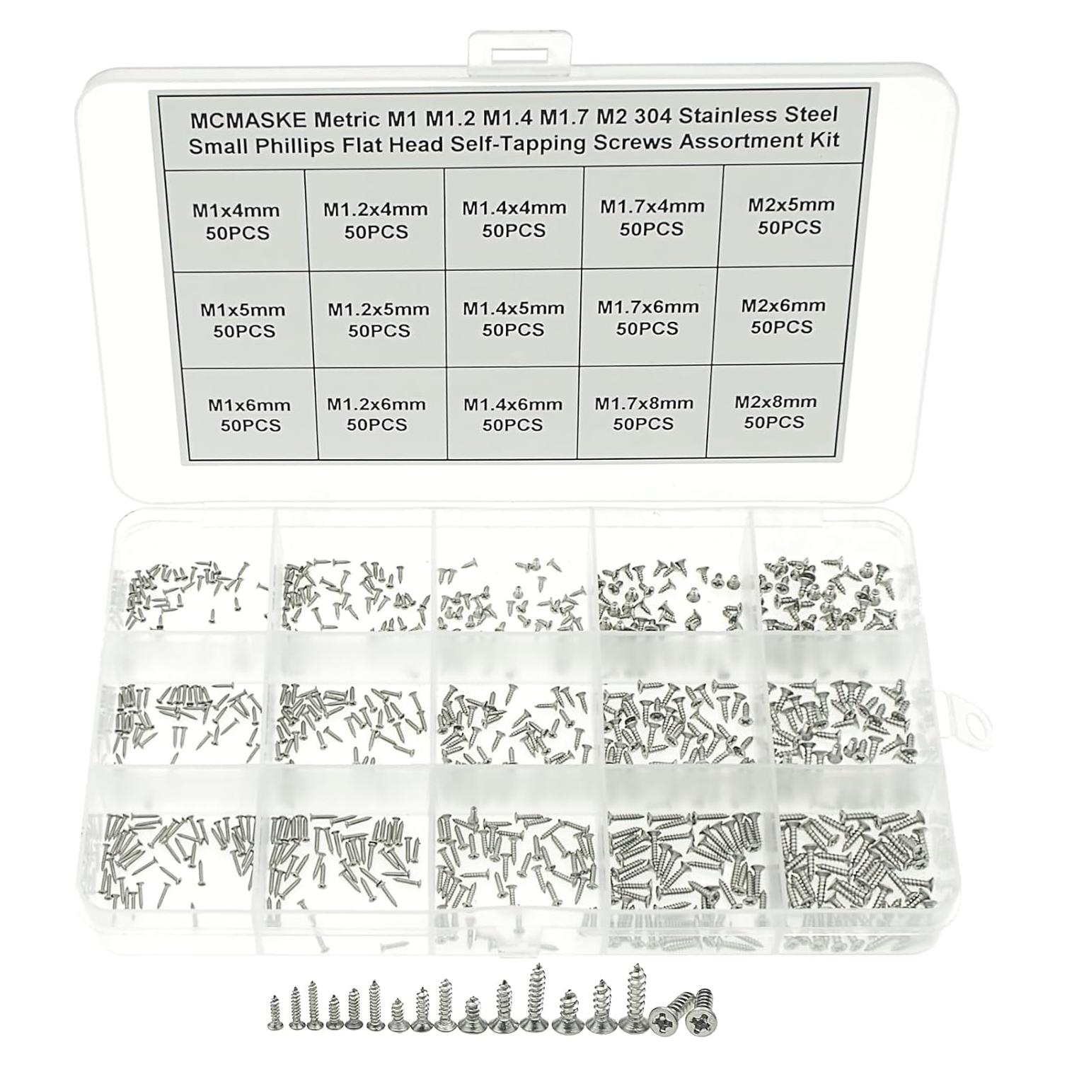 Kit de Tornillos Autoperforantes M1 M1.2 M1.4 M1.7 M2 Acero Inoxidable 750PCS