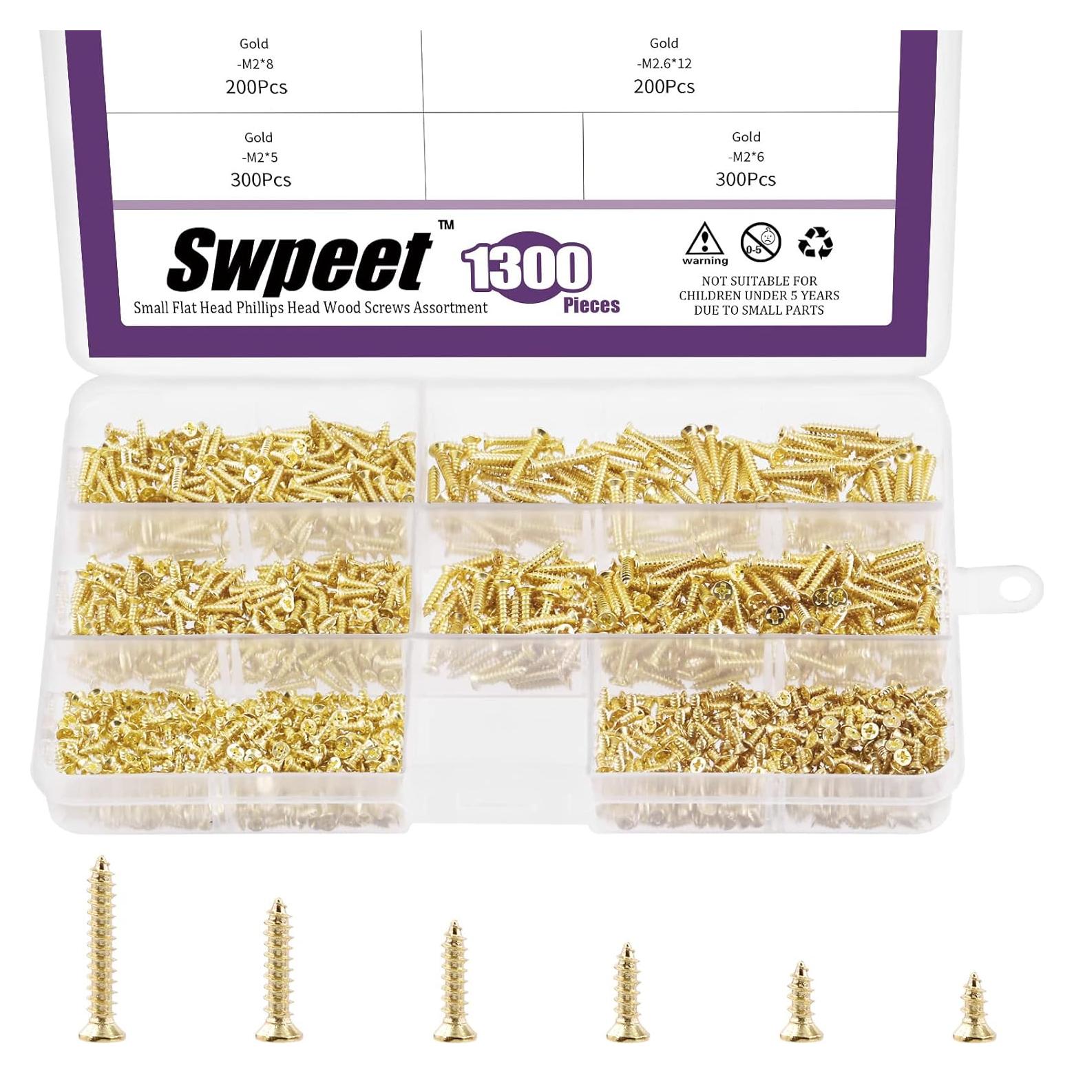 Kit de Tornillos Autotaladrantes Swpeet 1300Pcs Madera Dorado