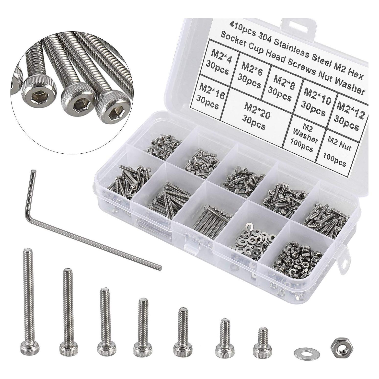 Kit 410 Pcs Tornillos de Cabeza Hexagonal M2 Acero Inoxidable 304