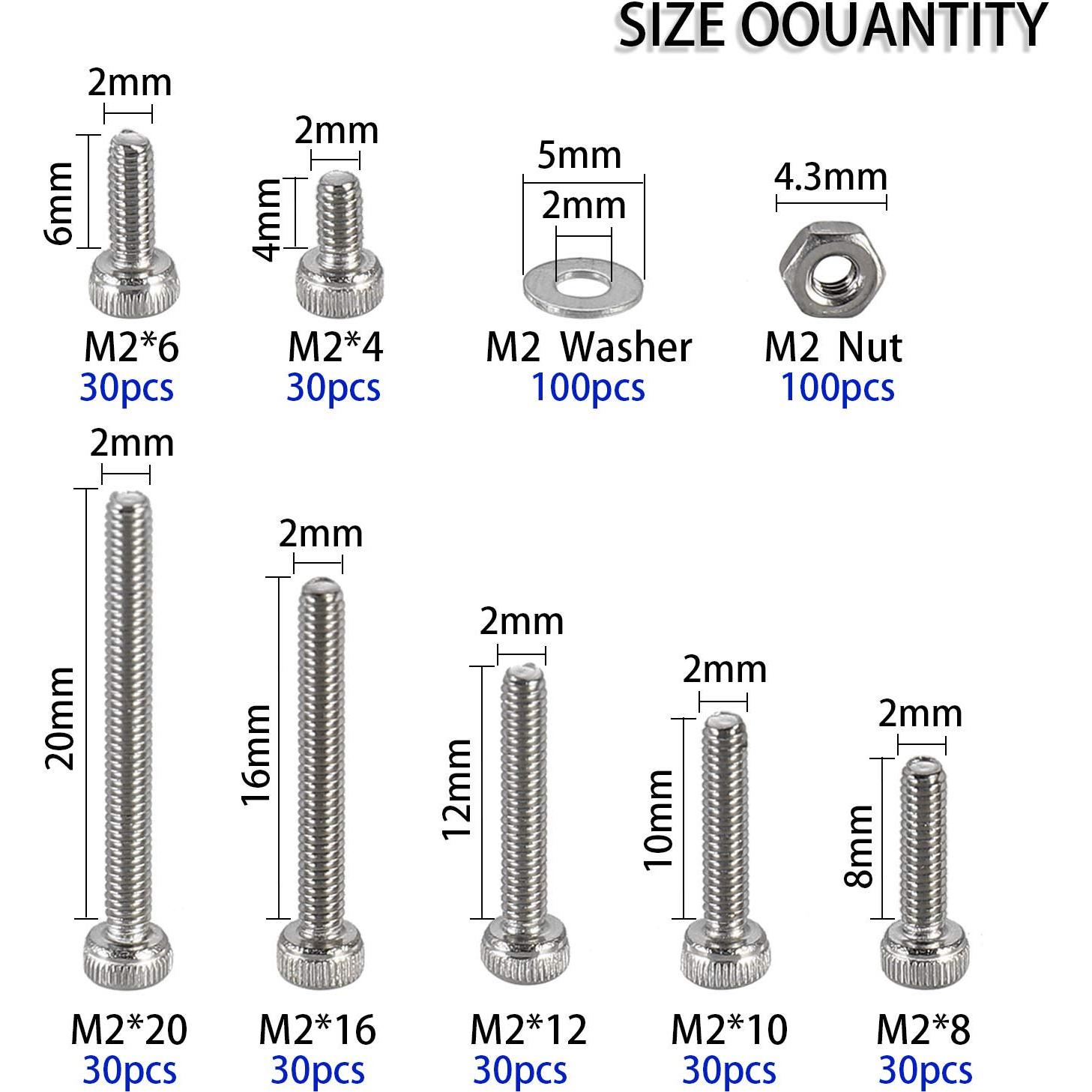 Kit 410 Pcs Tornillos de Cabeza Hexagonal M2 Acero Inoxidable 304