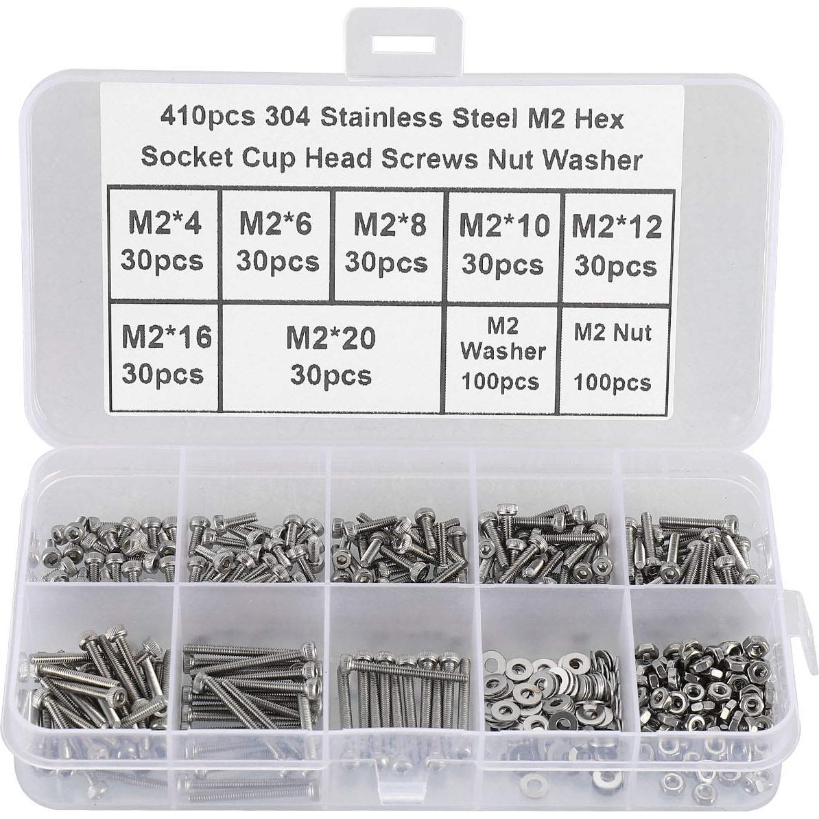 Kit 410 Pcs Tornillos de Cabeza Hexagonal M2 Acero Inoxidable 304