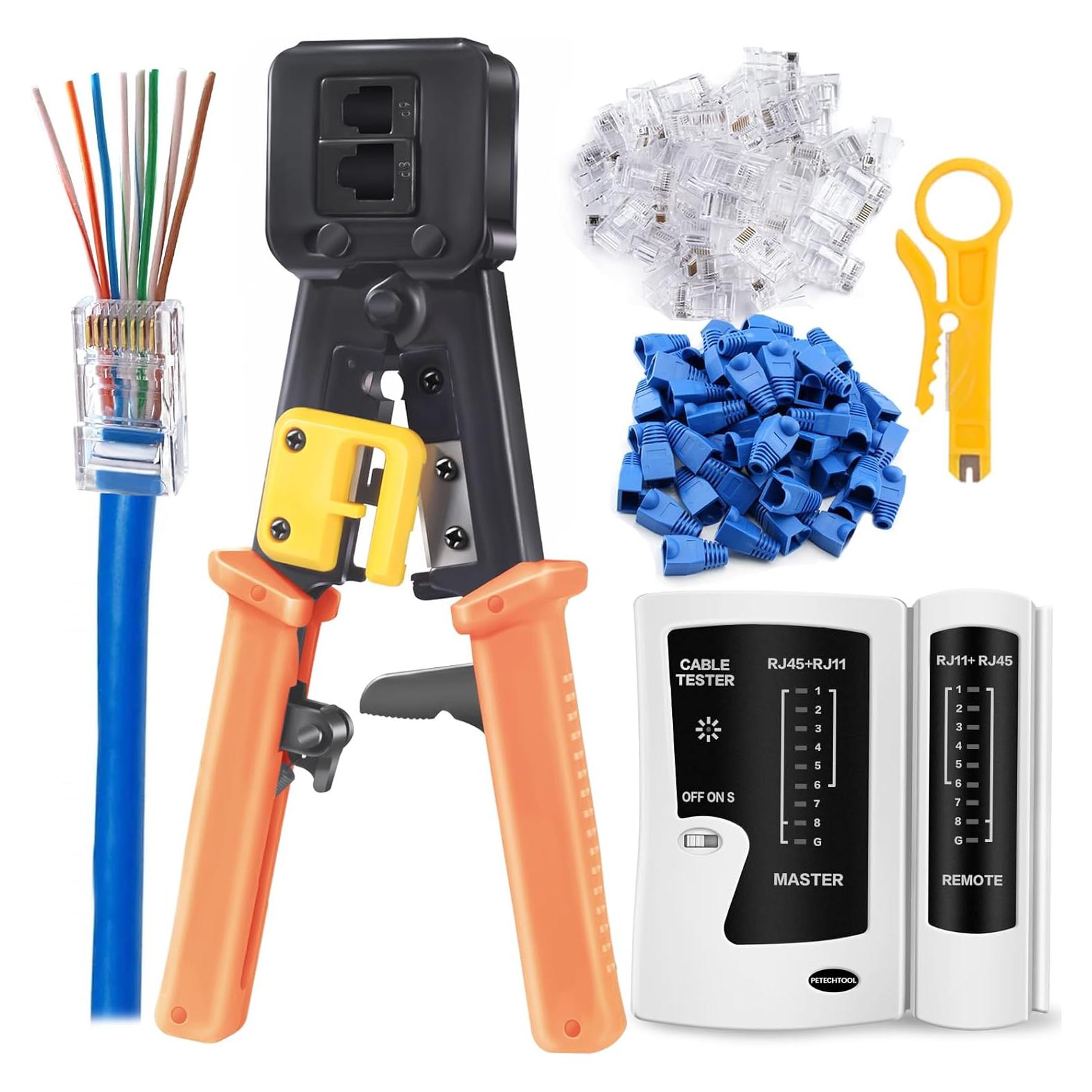 Crimpadora RJ45 PETECHTOOL + 50 Conectores Cat6 + Probador
