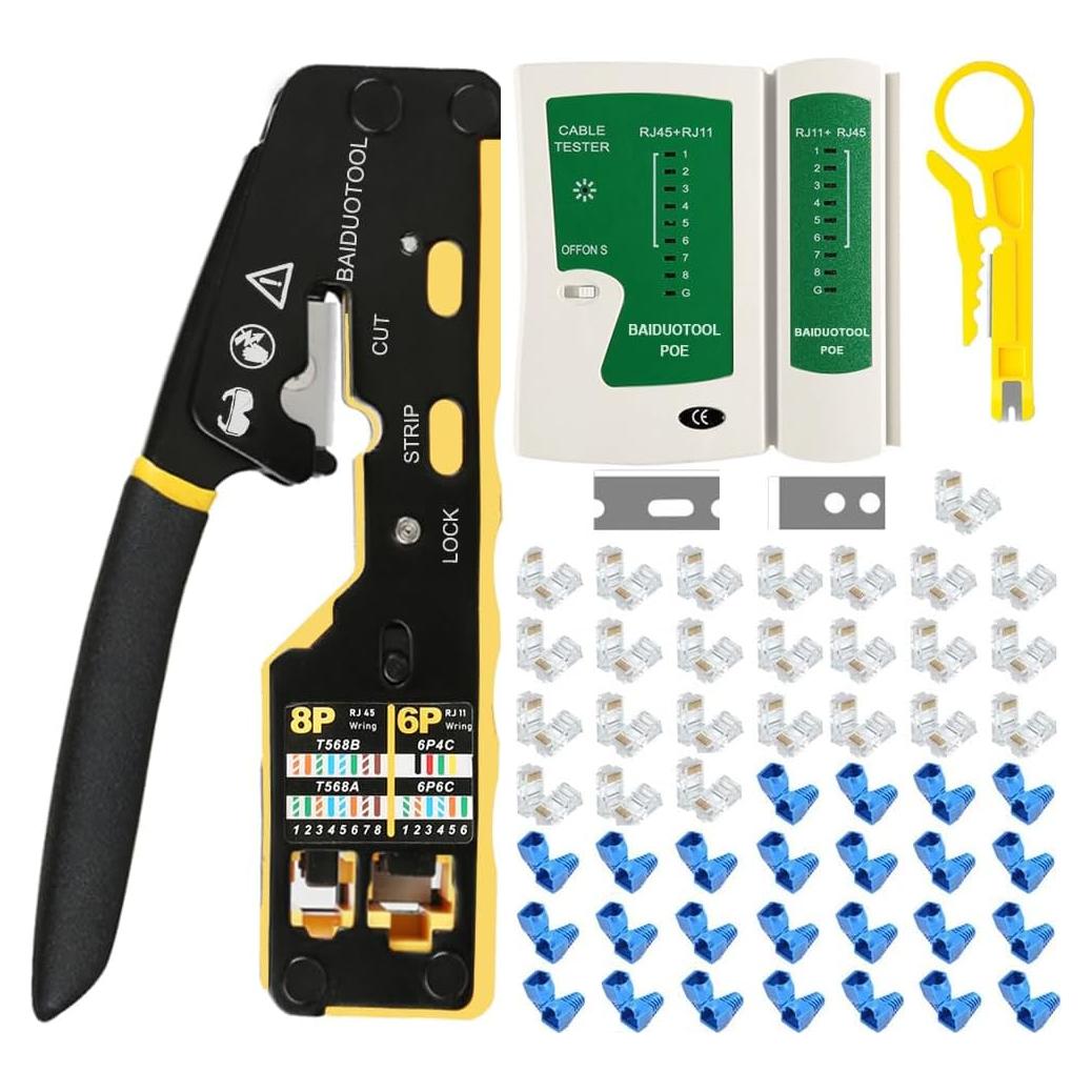 Kit Crimpadora RJ45 Pasante BAIDUOTOOL con Probador y Conectores