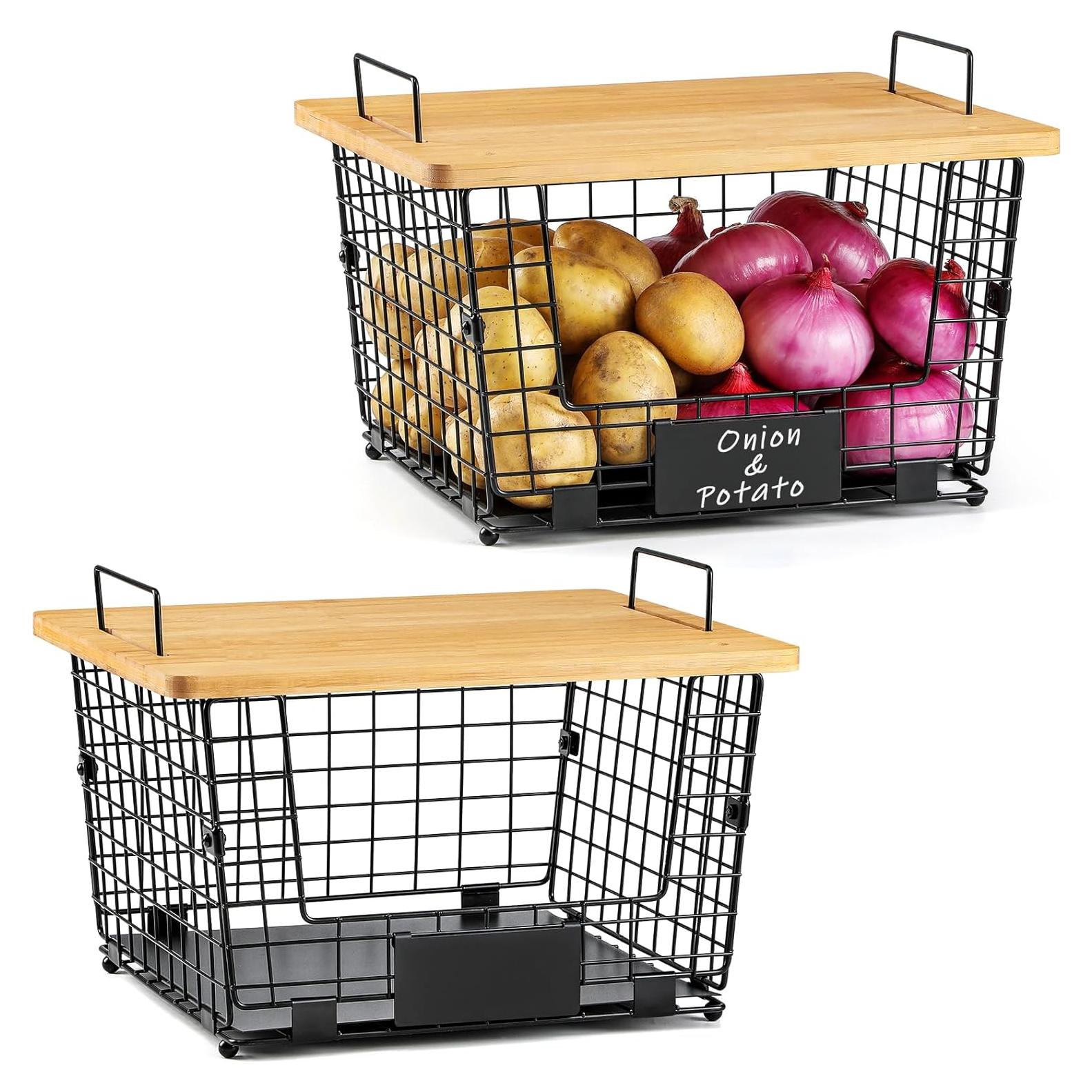 Cestas de Alambre Apilables XXL AOZITA con Tapa de Bambú