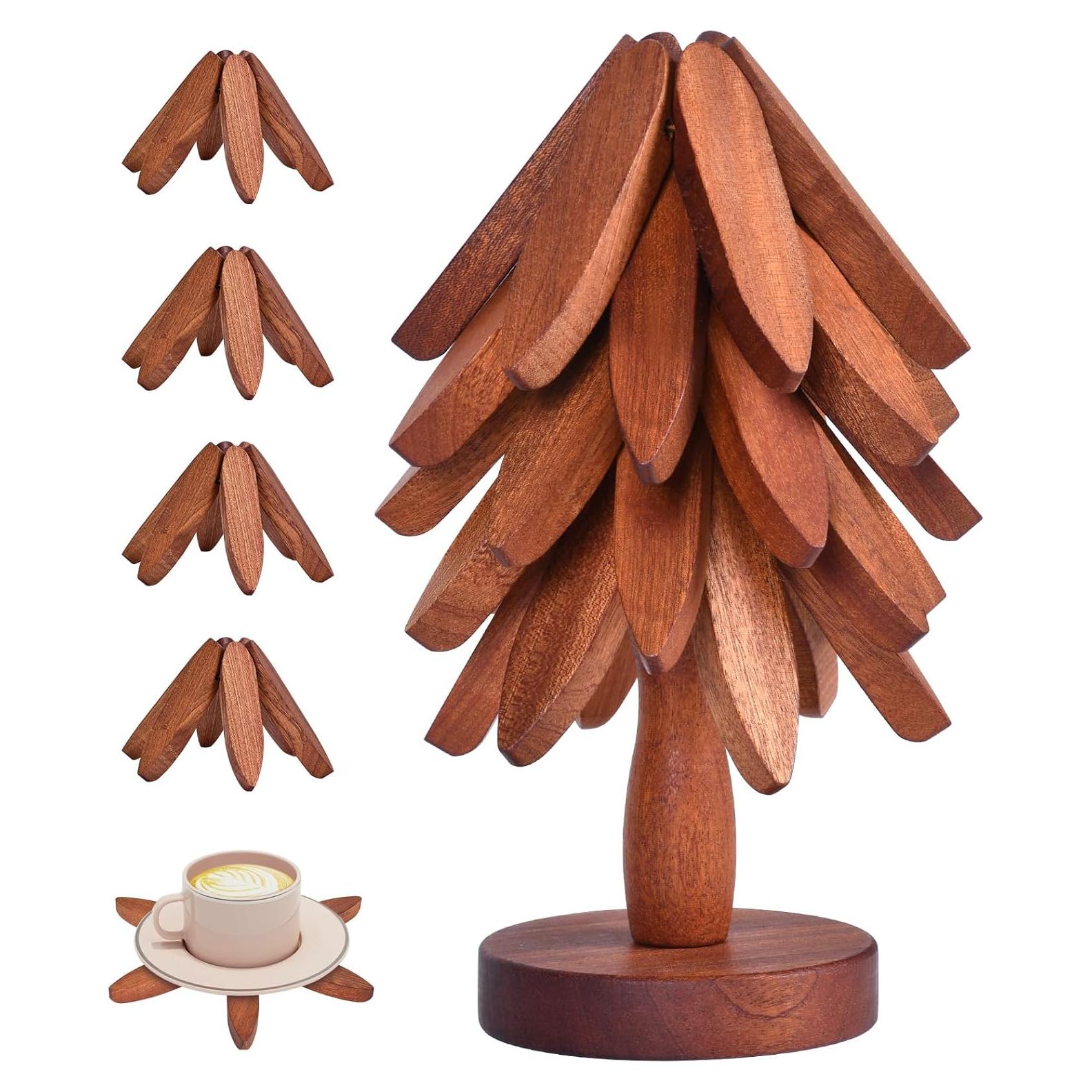 Juego de 5 Trivetes de Madera de Nogal en Forma de Árbol