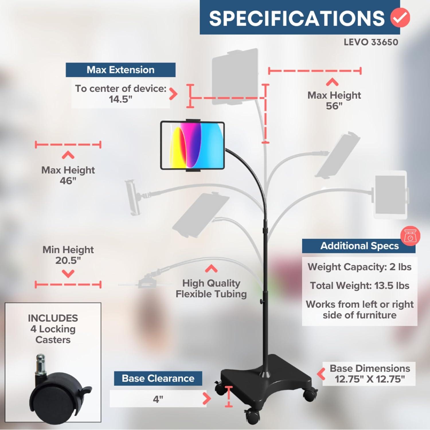 Soporte de Piso Ajustable LEVO con Ruedas para Tabletas y Teléfonos