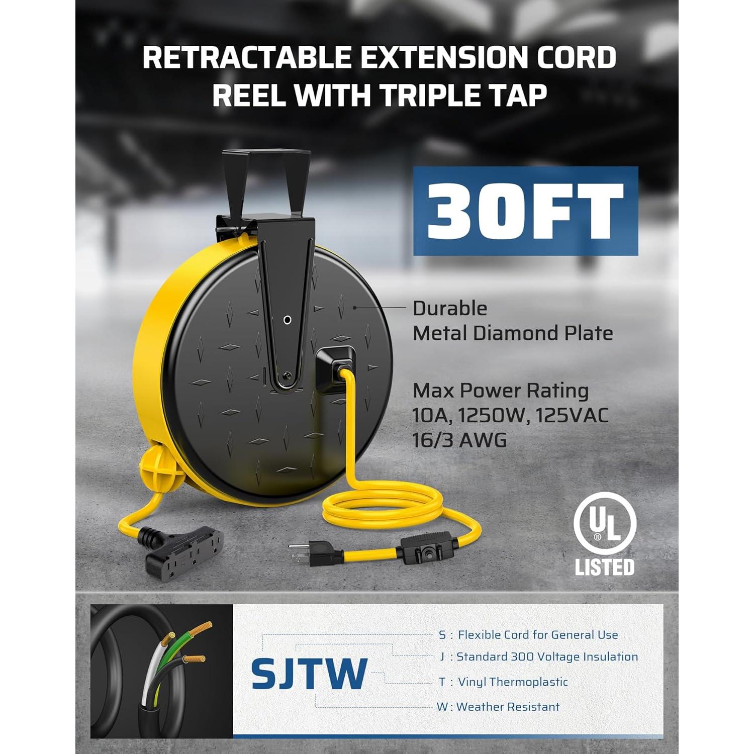 Carrete de Cable de Extensión Retráctil DEWENWILS 9.14 m 10A