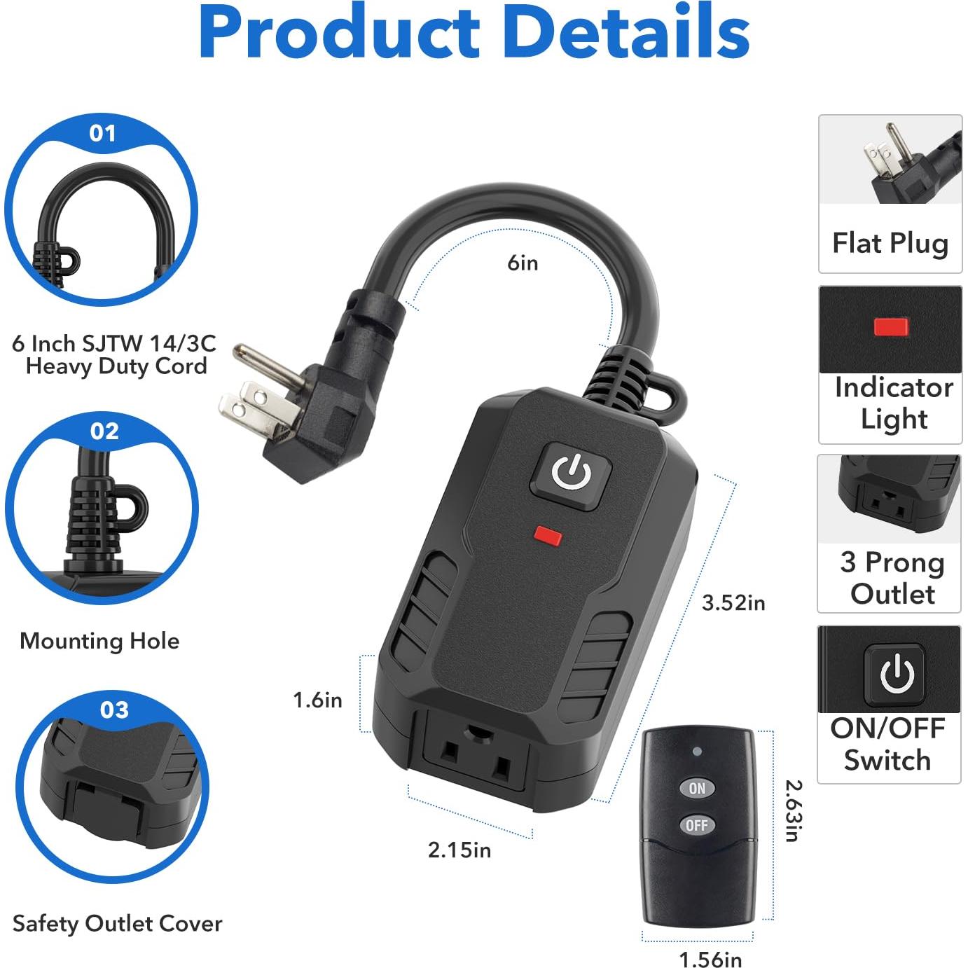 Enchufe Remoto BN-LINK para Exterior 15A 30m a Prueba de Climas